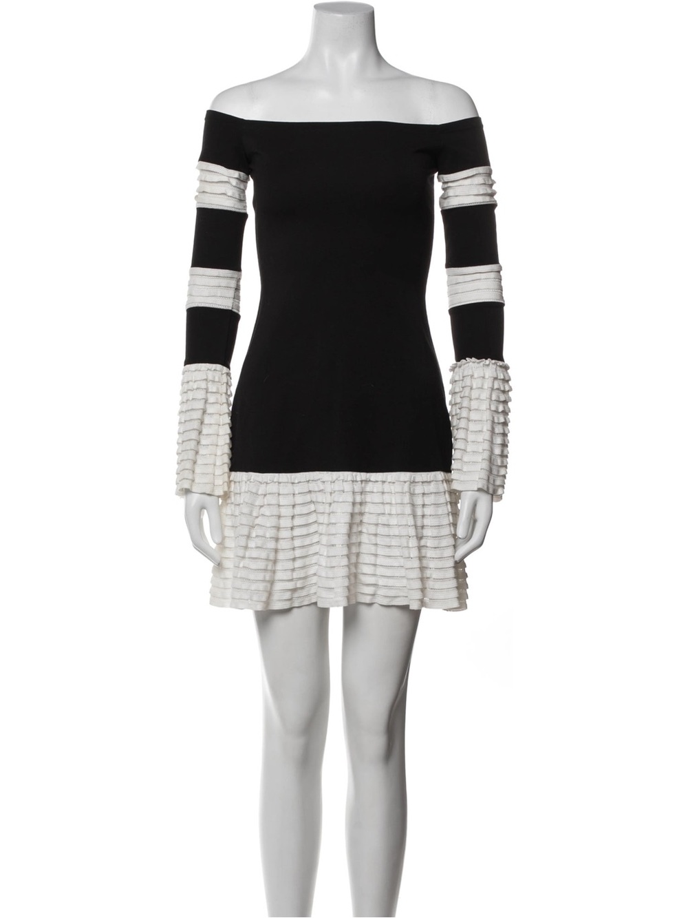 Like New - Alexis Off-Shoulder Black and White Ruffle-Hem Dress (L)